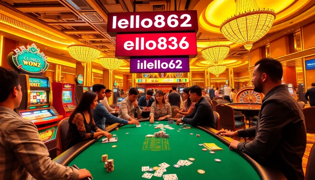 Experience thrill and excitement in a casino featuring hello8862 poker action, vibrant slot machines, and players engaged in high-stakes gambling.